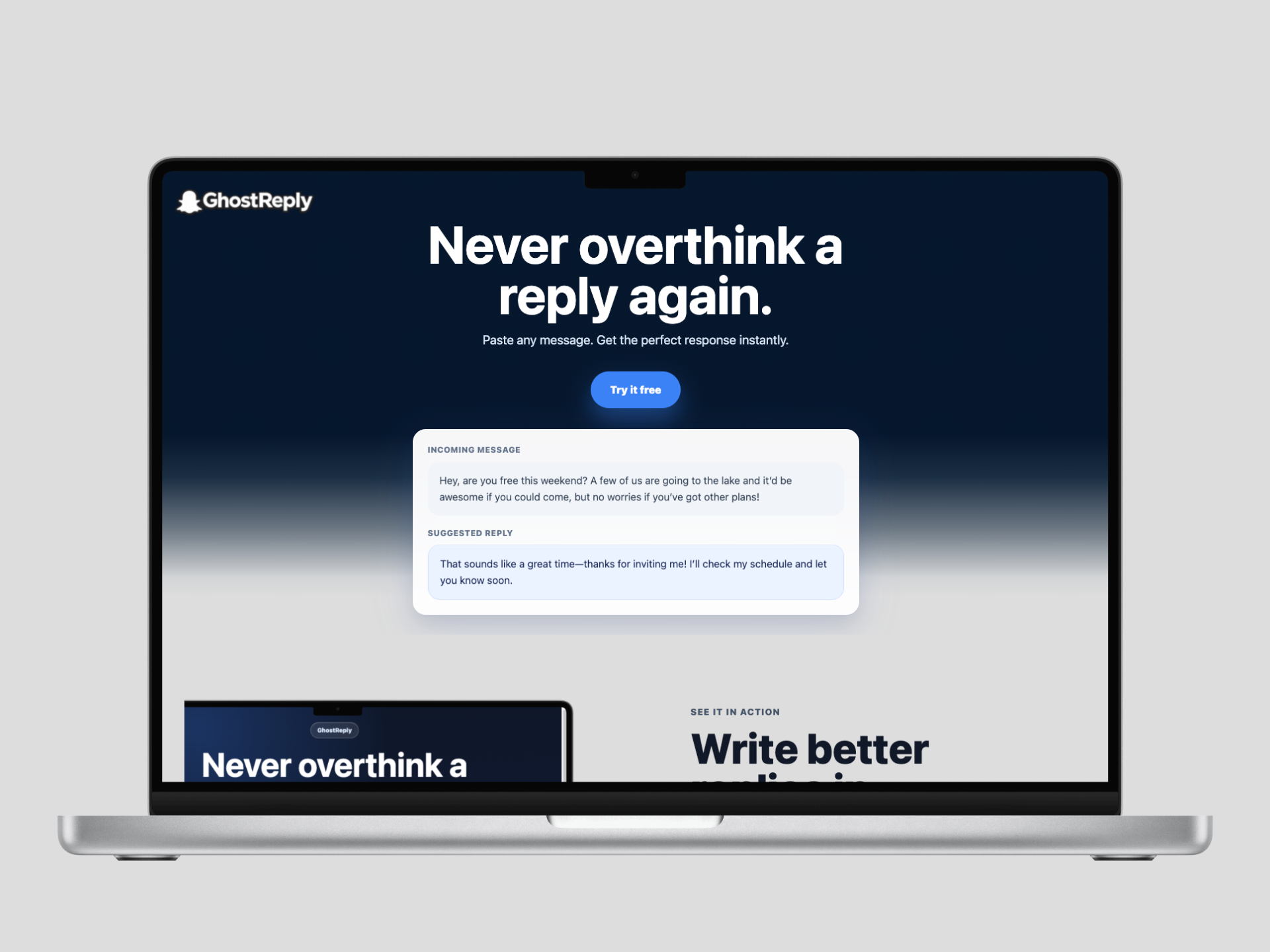 GhostReply app laptop mockup